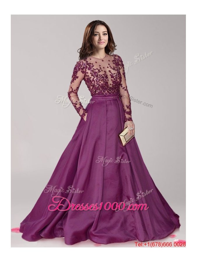 See Through Scoop Long Sleeves Beaded Evening Dress with Brush Train