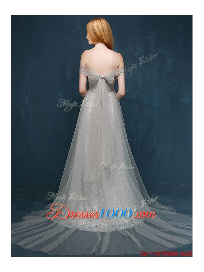 Sexy Off the Shoulder Brush Train Grey Evening Dress with Bowknot