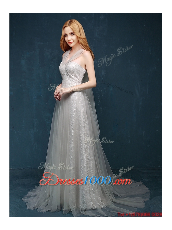 Sexy Off the Shoulder Brush Train Grey Evening Dress with Bowknot