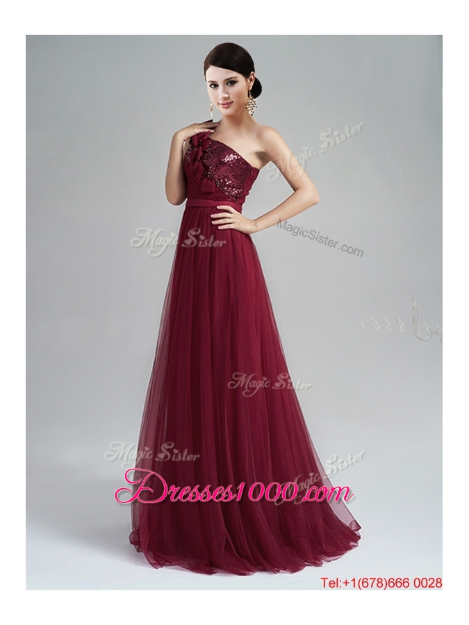 Wonderful One Shoulder Sequined and Belted Burgundy Evening Dress with Brush Train