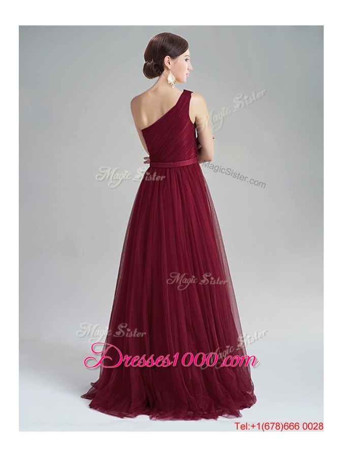 Wonderful One Shoulder Sequined and Belted Burgundy Evening Dress with Brush Train