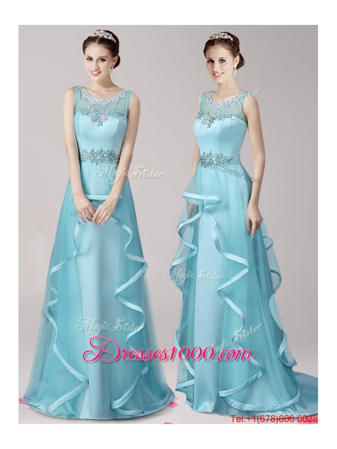 Wonderful Scoop Brush Train Light Blue Evening Dress with Appliques and Ruffles