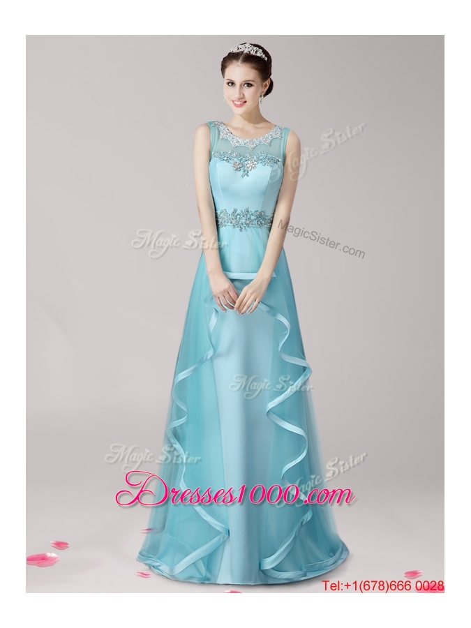 Wonderful Scoop Brush Train Light Blue Evening Dress with Appliques and Ruffles