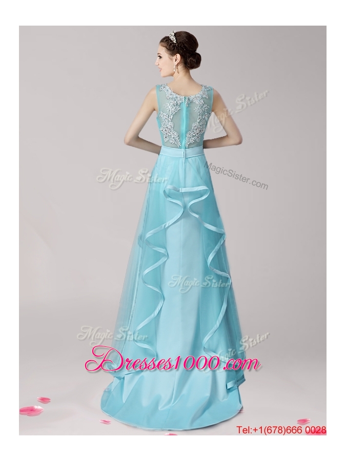Wonderful Scoop Brush Train Light Blue Evening Dress with Appliques and Ruffles