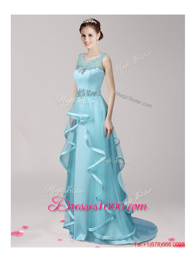 Wonderful Scoop Brush Train Light Blue Evening Dress with Appliques and Ruffles