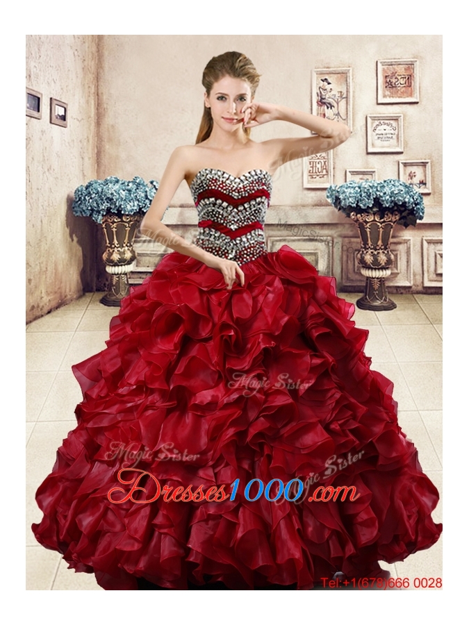 Perfect Beaded and Ruffled Wine Red Quinceanera Dress in Organza