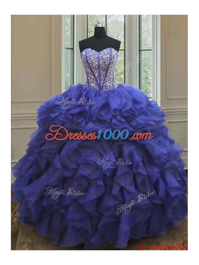 Elegant Visible Boning Beaded Bodice and Ruffled Quinceanera Dress in Royal Blue