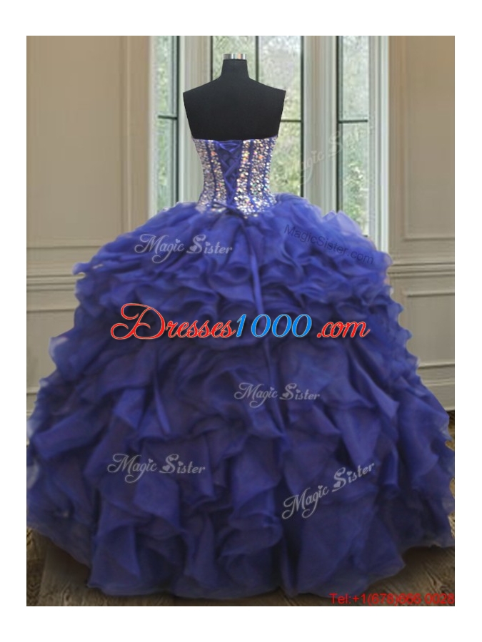 Elegant Visible Boning Beaded Bodice and Ruffled Quinceanera Dress in Royal Blue
