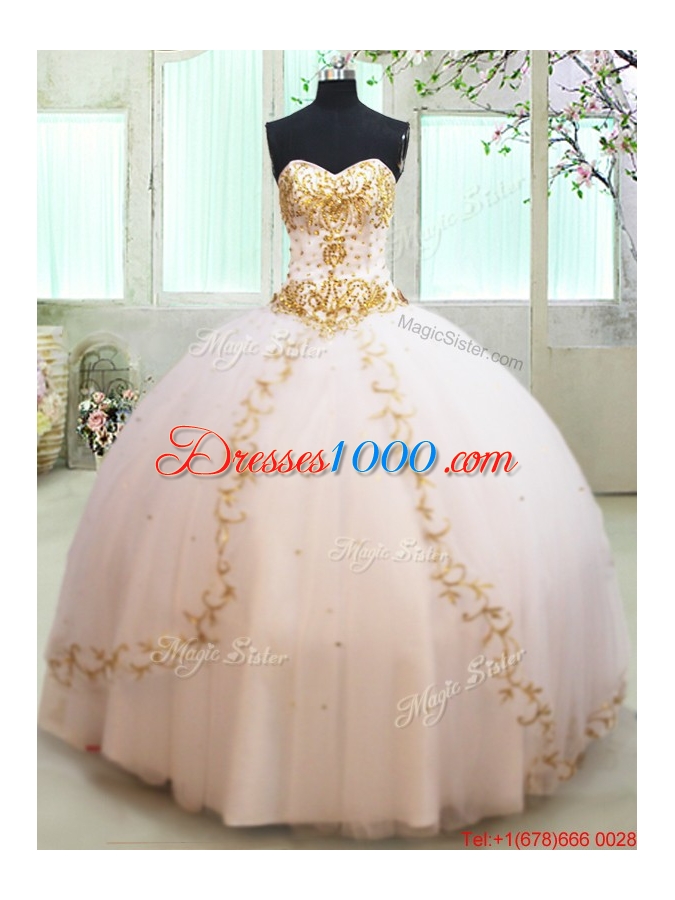 Luxurious Tulle White Quinceanera Dress with Gold Beading and Appliques