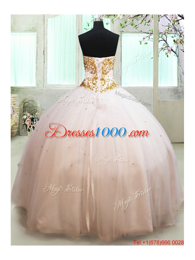 Luxurious Tulle White Quinceanera Dress with Gold Beading and Appliques