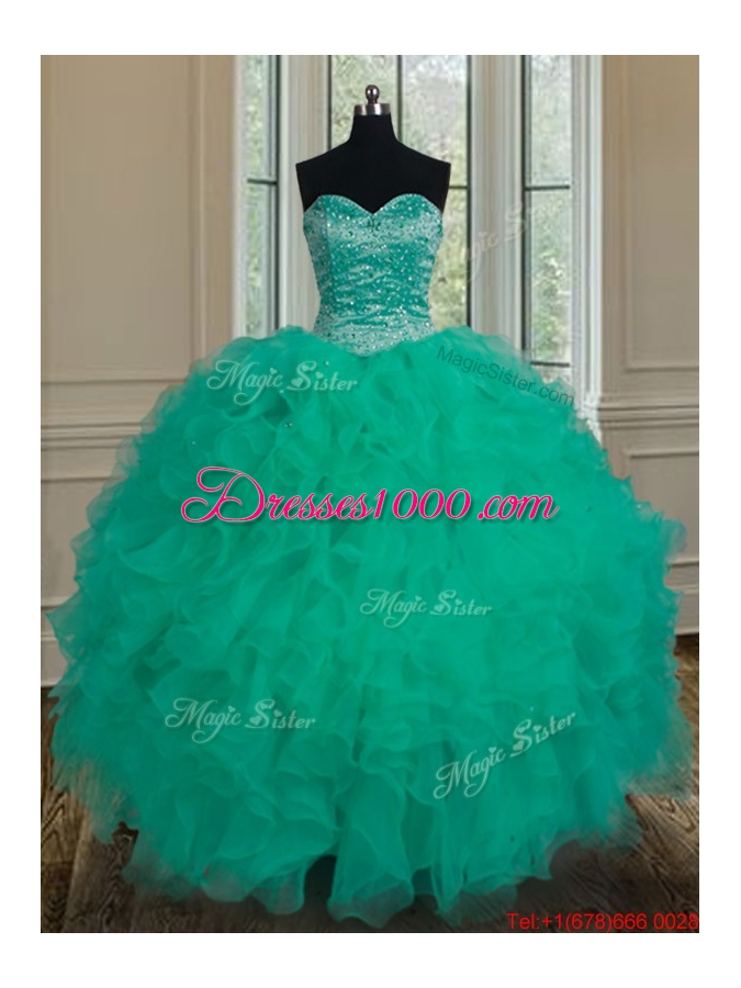 Unique Really Puffy Turquoise Sweet 16 Dress with Beading and Ruffles for Summer