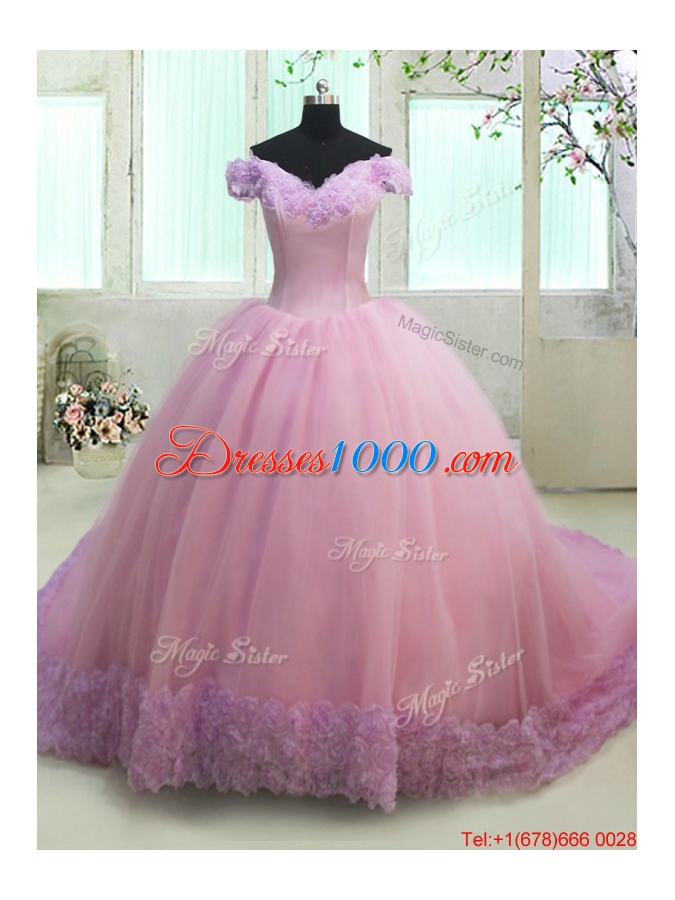 Off The Shoulder Lilac and Rose Pink Quinceanera Dress in Rolling Flowers and Tulle