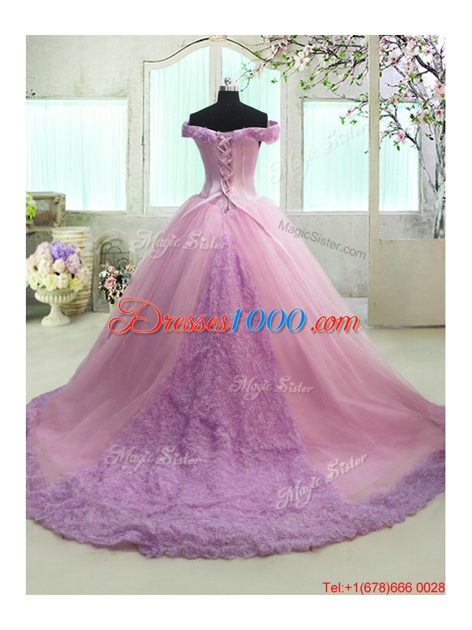 Off The Shoulder Lilac and Rose Pink Quinceanera Dress in Rolling Flowers and Tulle