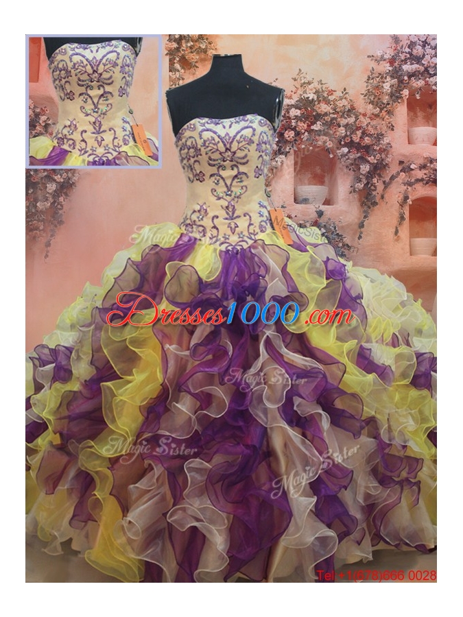 Popular Strapless Rainbow Colored Quinceanera Dress with Beading and Ruffles