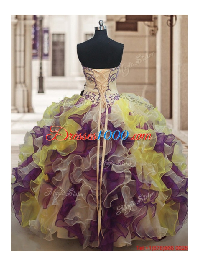 Popular Strapless Rainbow Colored Quinceanera Dress with Beading and Ruffles