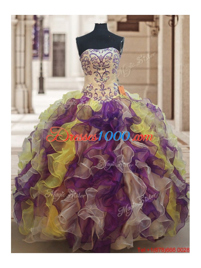 Popular Strapless Rainbow Colored Quinceanera Dress with Beading and Ruffles