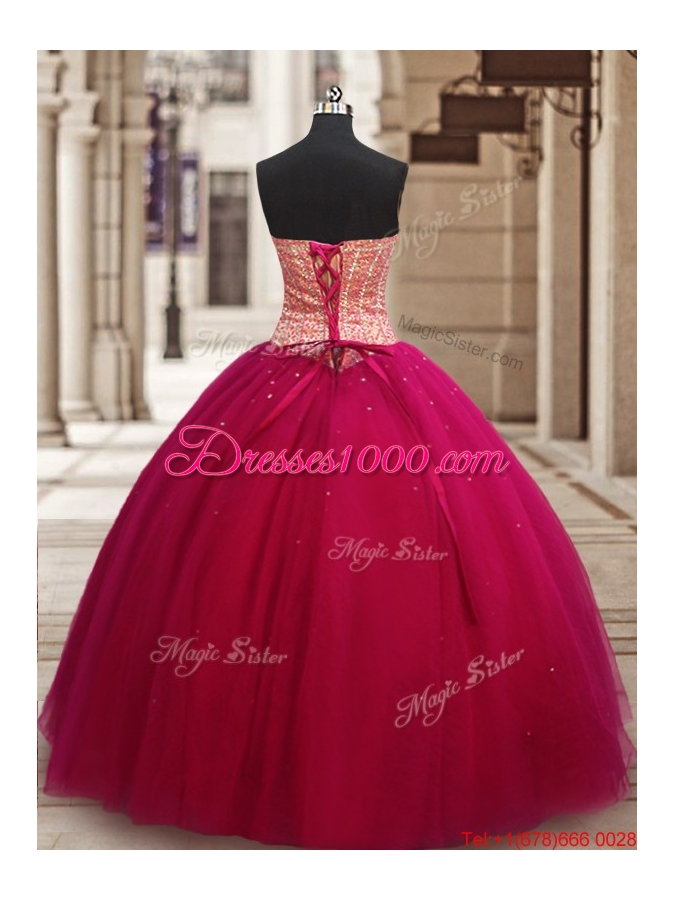 Wonderful Ball Gown Beaded Bodice Tulle Sweet 16 Dress in Fuchsia