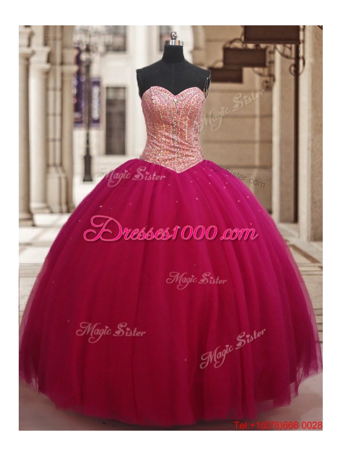Wonderful Ball Gown Beaded Bodice Tulle Sweet 16 Dress in Fuchsia