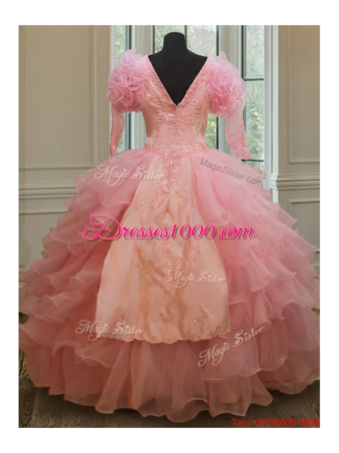 Cheap V Neck Embroideried and Ruffled Layers Quinceanera Dress in Baby Pink