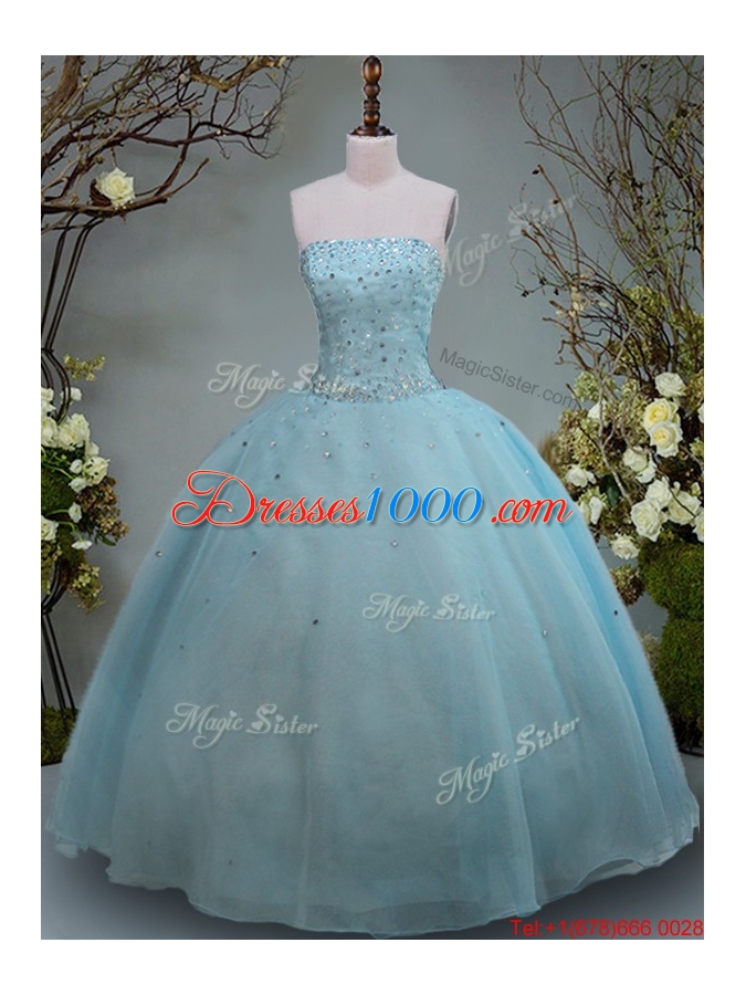 Discount Big Puffy Aquamarine Strapless Quinceanera Gown with Beading