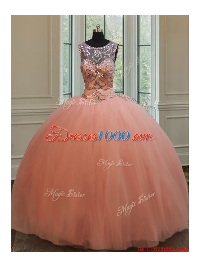 Hot Sale Puffy Skirt See Through Scoop Sweet 15 Dress in Tulle