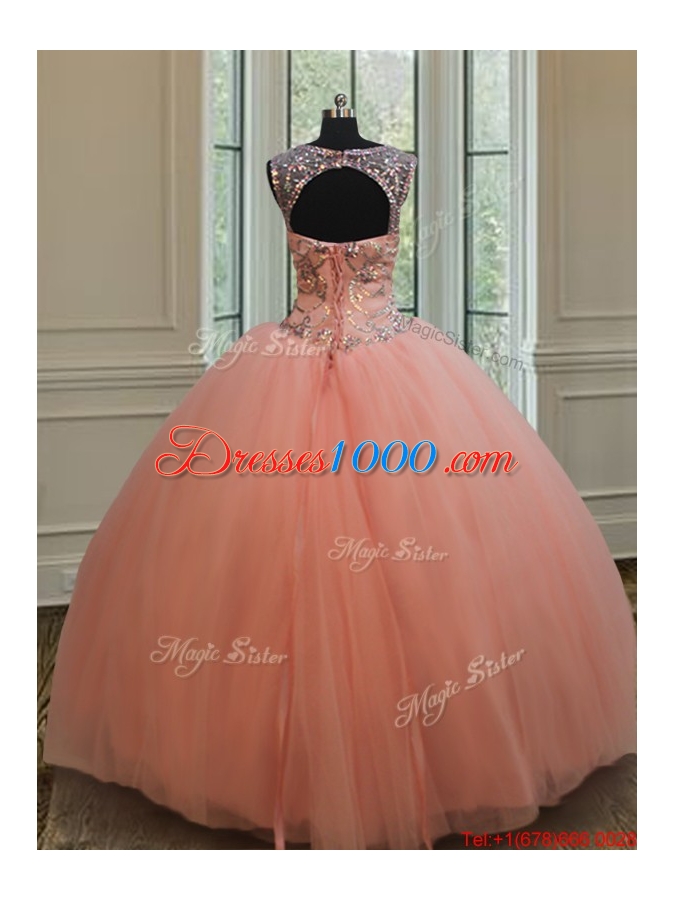 Hot Sale Puffy Skirt See Through Scoop Sweet 15 Dress in Tulle