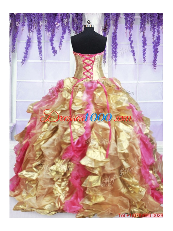 Laced Beaded and Ruffled Gold and Hot Pink Quinceanera Dress with Brush Train
