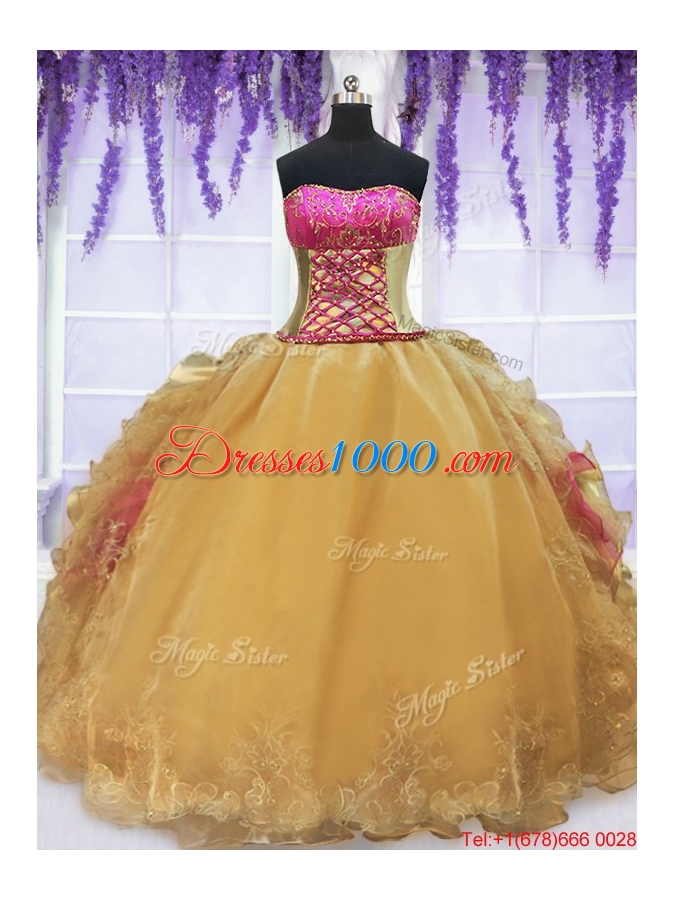 Laced Beaded and Ruffled Gold and Hot Pink Quinceanera Dress with Brush Train