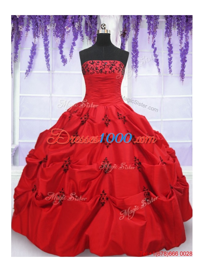 Luxurious Strapless Applique and Bubble Red Quinceanera Dress in Taffeta