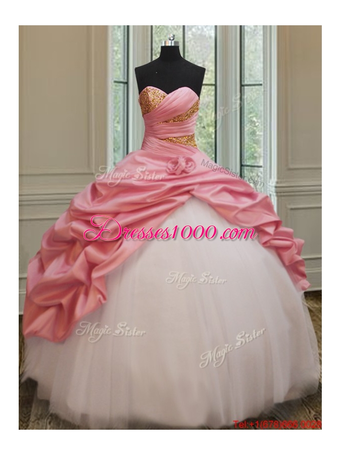 Perfect Beaded and Bubble Watermelon and White Quinceanera Dress in Taffeta and Tulle