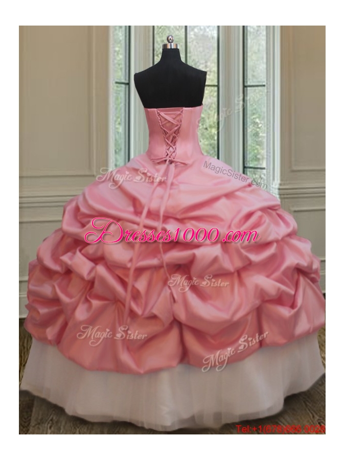Perfect Beaded and Bubble Watermelon and White Quinceanera Dress in Taffeta and Tulle