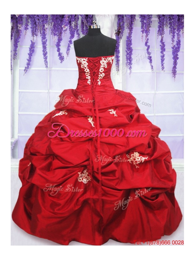 Romantic Puffy Skirt Red Sweet 15 Dress with Appliques and Pick Ups