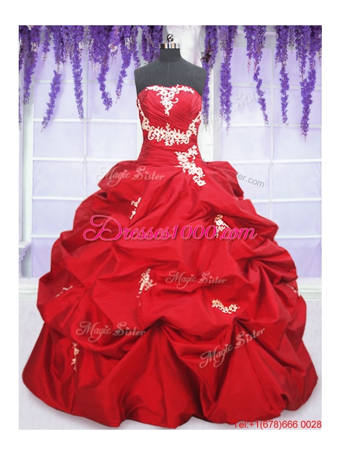 Romantic Puffy Skirt Red Sweet 15 Dress with Appliques and Pick Ups