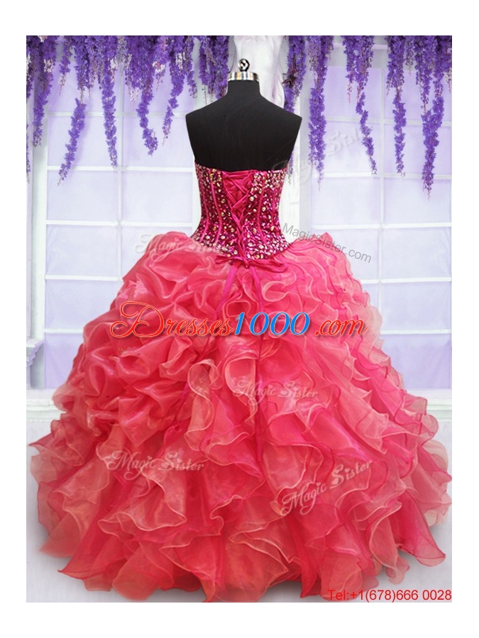 Affordable Visible Boning Beaded Bodice Coral Red Quinceanera Dress with Ruffles