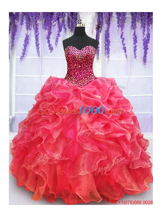 Affordable Visible Boning Beaded Bodice Coral Red Quinceanera Dress with Ruffles