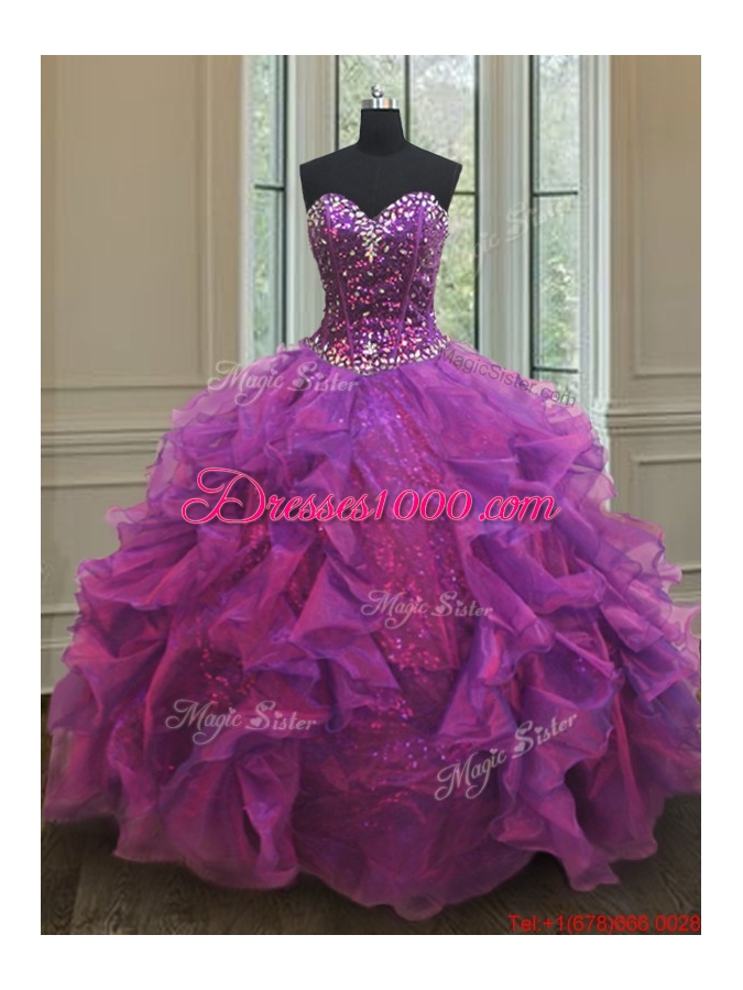 Beautiful Puffy Skirt Beaded and Sequined Purple Sweet 16 Dress with Ruffles