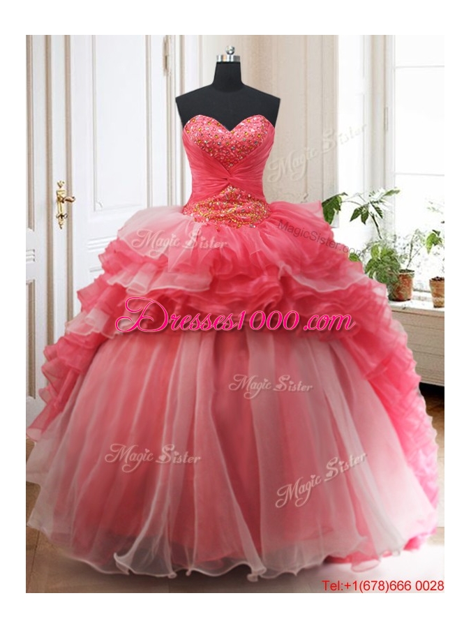 Brush Train Red and White Quinceanera Dress with Beading and Ruffled Layers