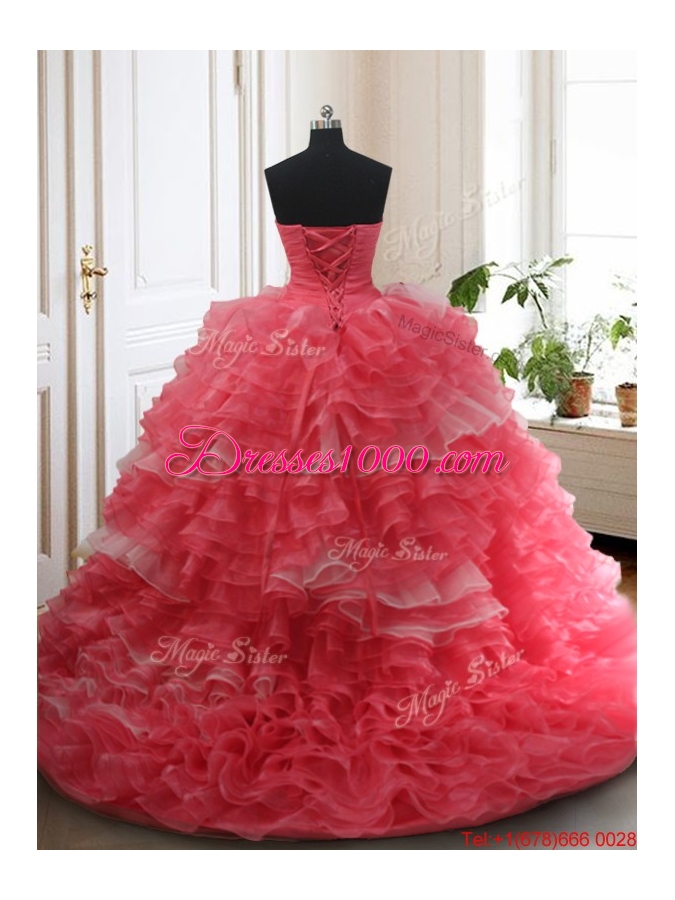 Brush Train Red and White Quinceanera Dress with Beading and Ruffled Layers