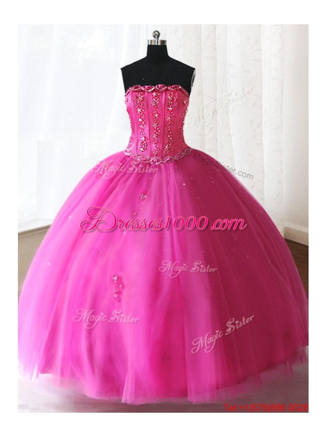 Exclusive Visible Boning Strapless Beaded Quinceanera Dress in Hot Pink