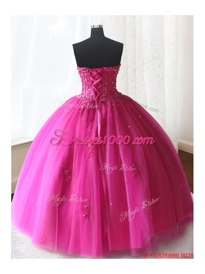 Exclusive Visible Boning Strapless Beaded Quinceanera Dress in Hot Pink