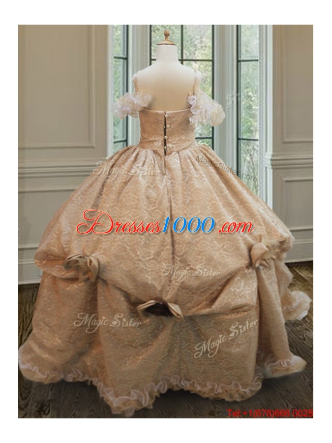 Hot Sale Ruffled Laced Champagne Quinceanera Dress with Handcrafted Flowers