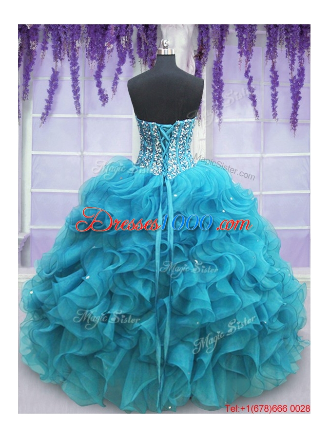 Hot Sale Visible Boning Beaded Bodice Organza Quinceanera Dress in Teal