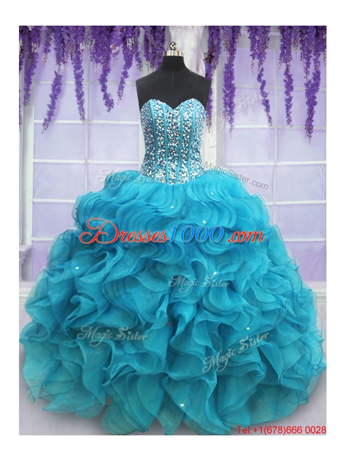 Hot Sale Visible Boning Beaded Bodice Organza Quinceanera Dress in Teal