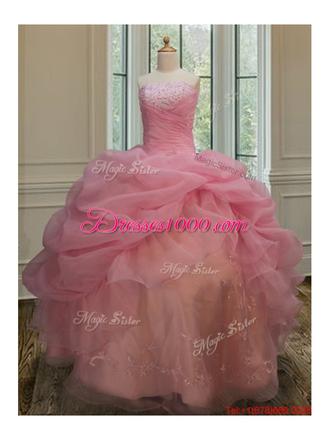 Latest Really Puffy Strapless Watermelon Red Sweet 15 Dress with Appliques