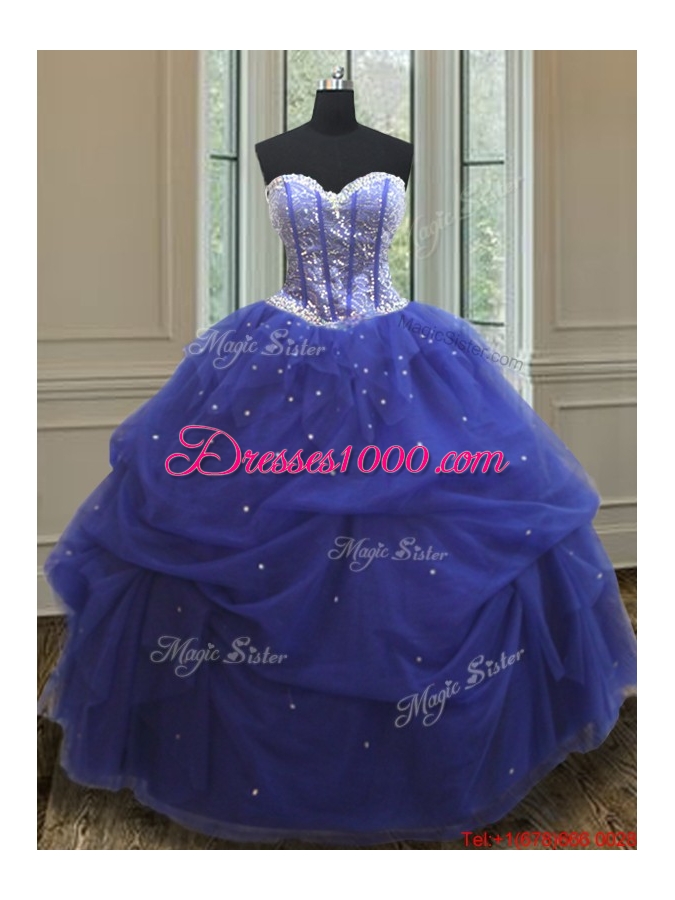 Lovely Beaded and Sequined Blue Quinceanera Dress in Tulle