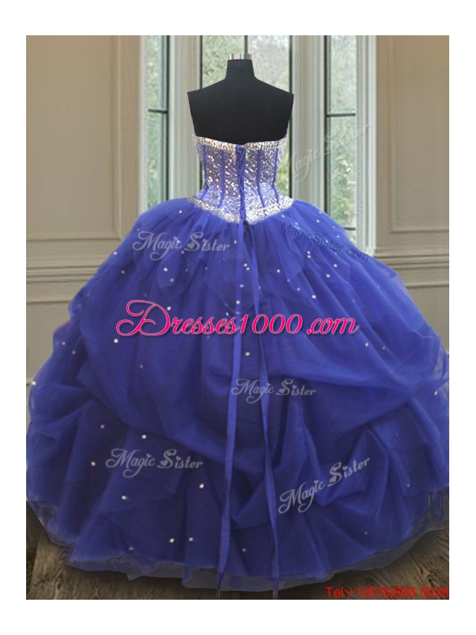 Lovely Beaded and Sequined Blue Quinceanera Dress in Tulle