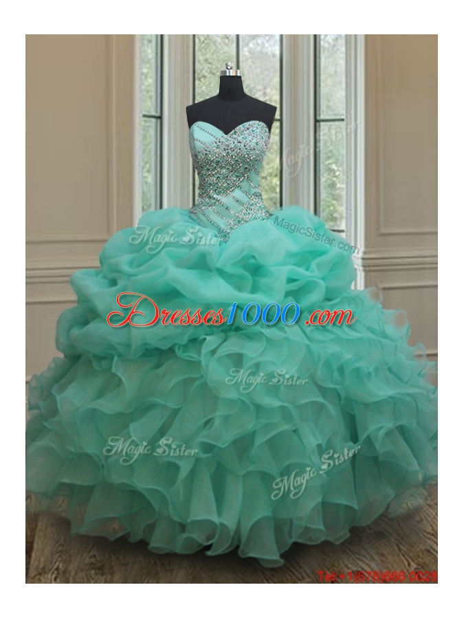 Lovely Big Puffy Beaded and Bubble Quinceanera Dress in Turquoise