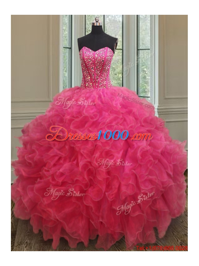 Lovely Visible Boning Beaded Bodice Quinceanera Gown in Hot Pink