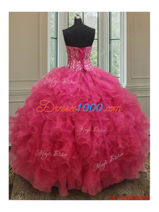 Lovely Visible Boning Beaded Bodice Quinceanera Gown in Hot Pink