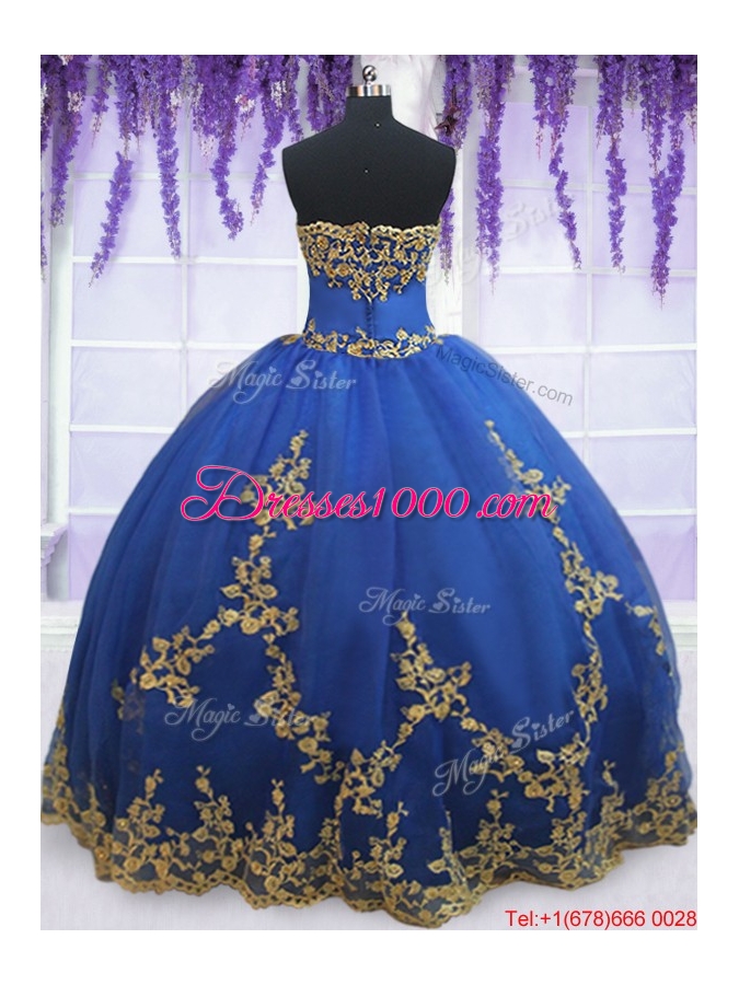 Low Price Strapless Zipper Up Blue Quinceanera Gown with Gold Appliques